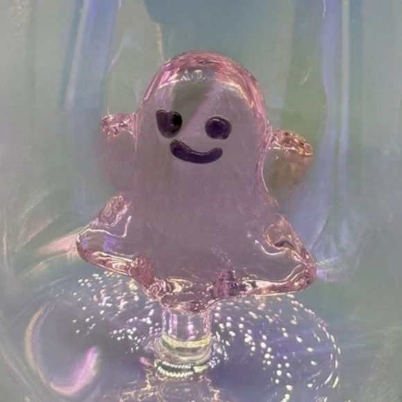 2 Pink FLOATING GHOST Hand Blown 3D Whimsical HALLOWEEN Stemless WINE GLasses - Picture 2 of 3